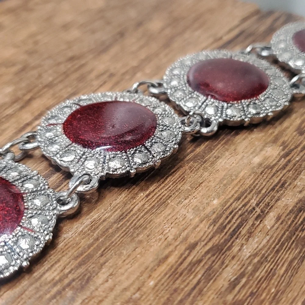 B0703 red cherry blossom antique medallion bracelet - Picture 2 of 4